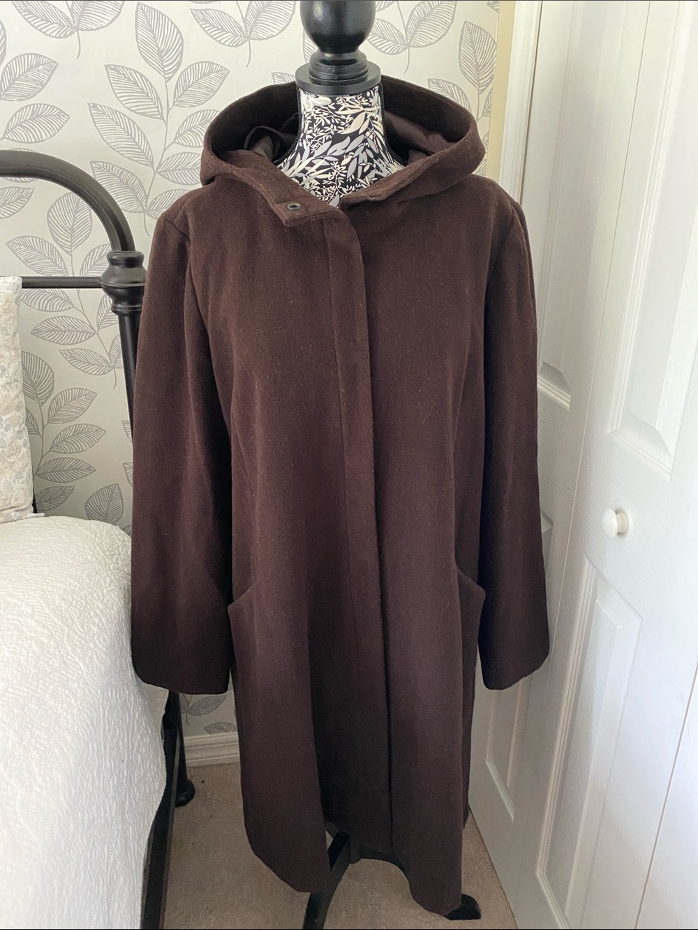 Eileen Fisher wool/nylon blend chocolate brown hooded long coat